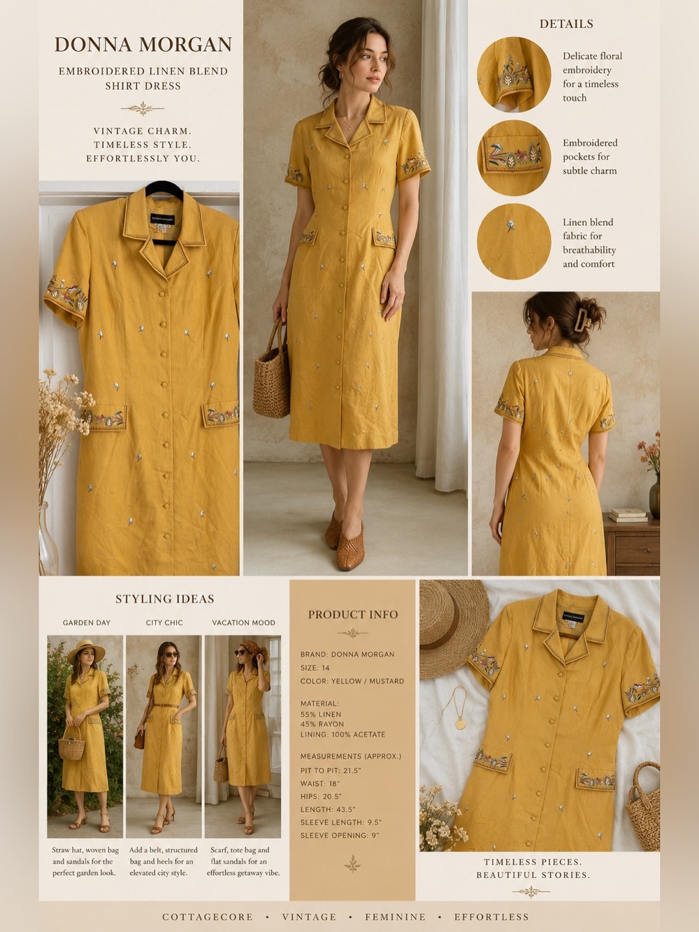 Donna Morgan Mustard Embroidered Linen-Blend Midi Shirt Dress